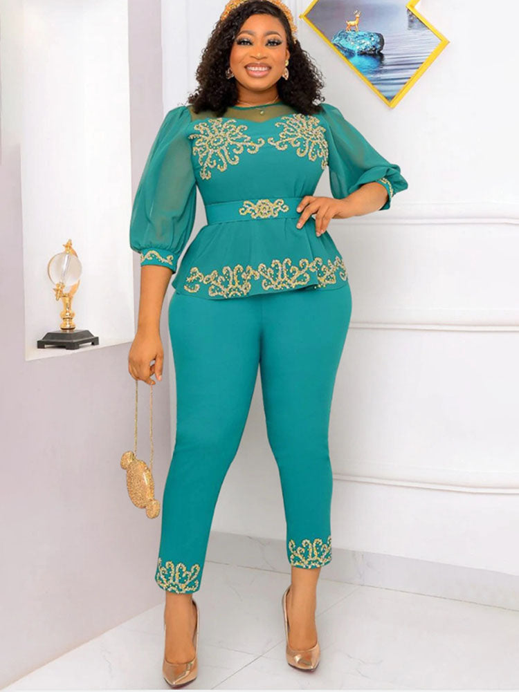 Plus Size Two Piece Mesh Sleeves Tops & Pants