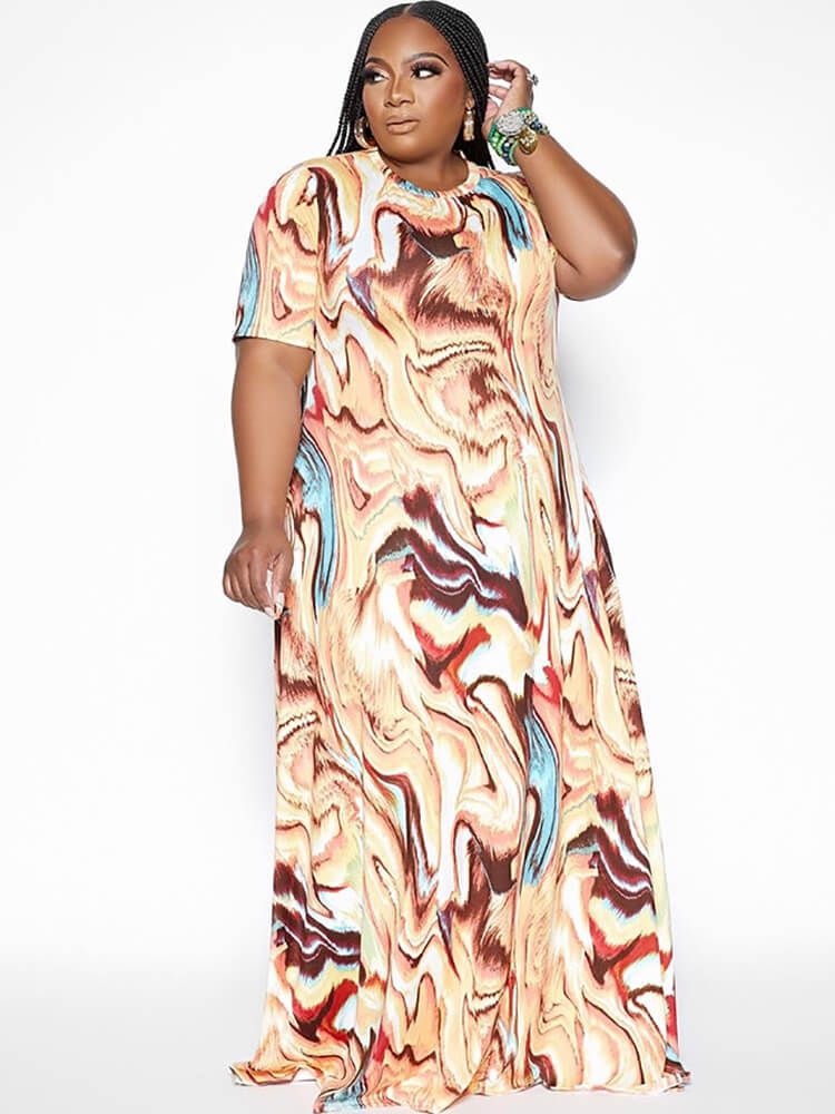 Short Sleeve Tie Dye Print Maxi Dresses