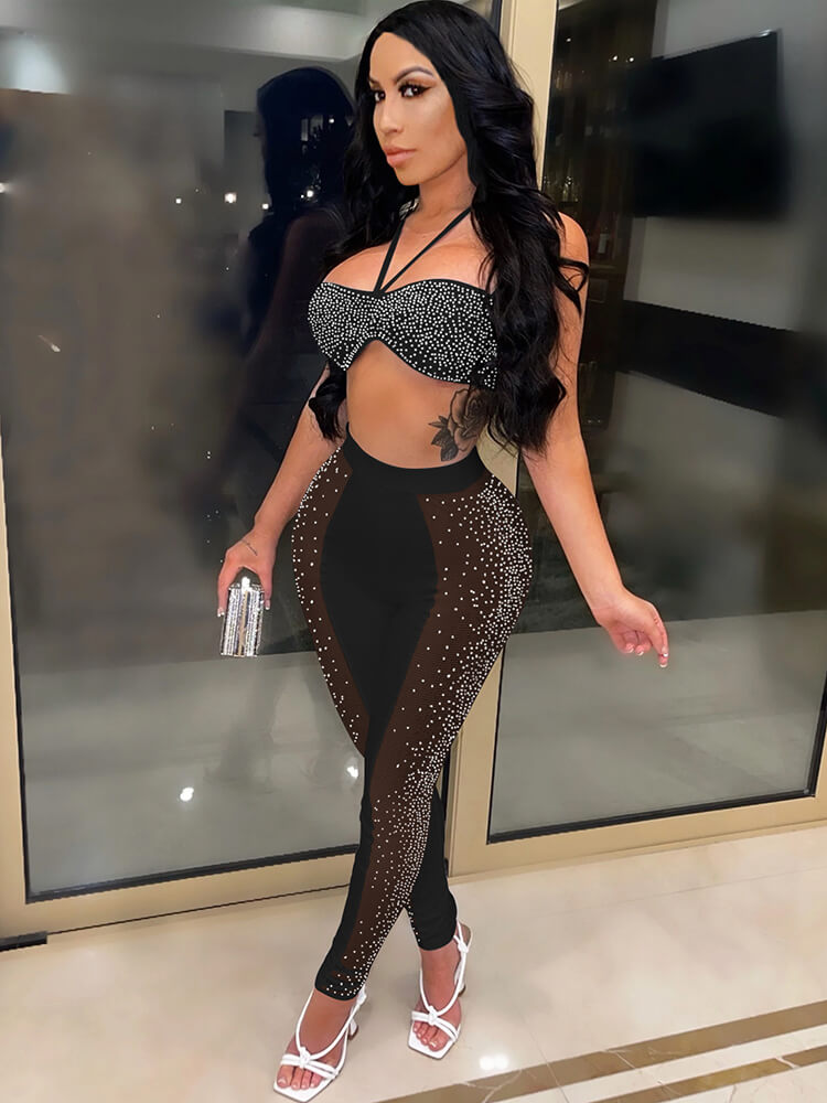 Two Piece Rhinestone Halter Top & Mesh Pants