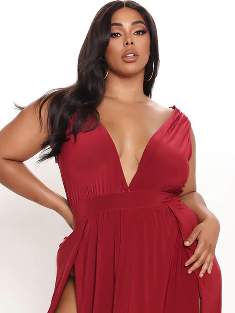 Plus Size V Neck Sleeveless Slit Maxi Dresses