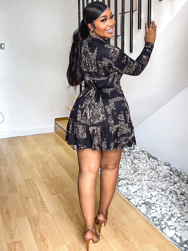 Long Sleeve Ruffle Hem Print Mini Dress