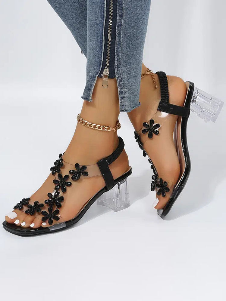 Rhinestone Patchwork Chunky Open Toe Heels