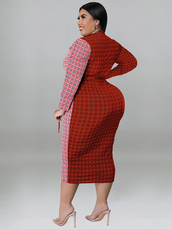 Plus Size Color Block Belted Midi Dresses