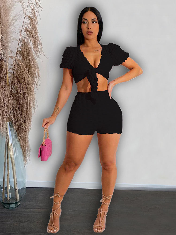 V Neck Tie Up Crop Top & Bodycon Shorts