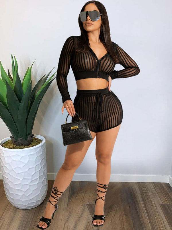 Two Piece Mesh Crop Top Shorts Outfits