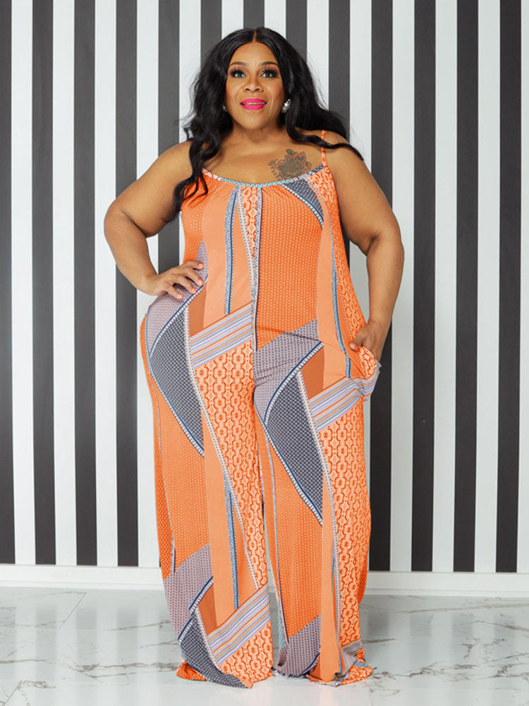 Spaghetti Strap Figure Print Plus Size Rompers