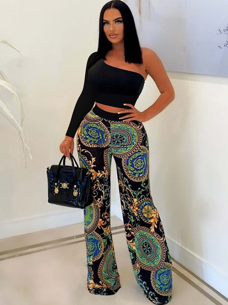 Two Piece One Shoulder Tops & Printed Pants