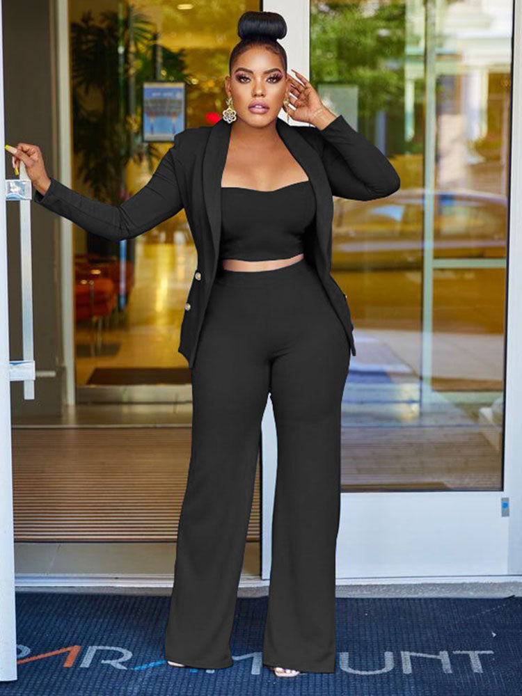 Three Piece Crop Top & Blazer & Wide Leg Pants