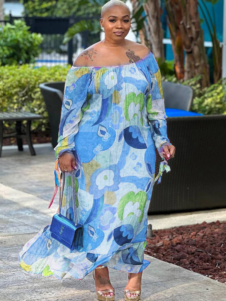 Off Shoulder Printed Casual Maxi Dresses