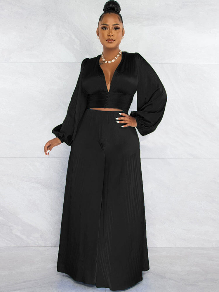 V Neck Crop Top Pleated Wide Leg Long Pants Set