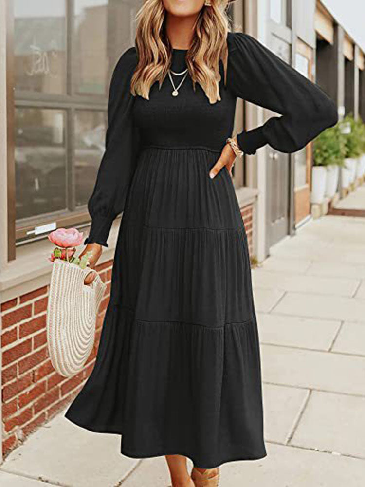 Long Sleeve Tiered Crew Neck Midi Dresses