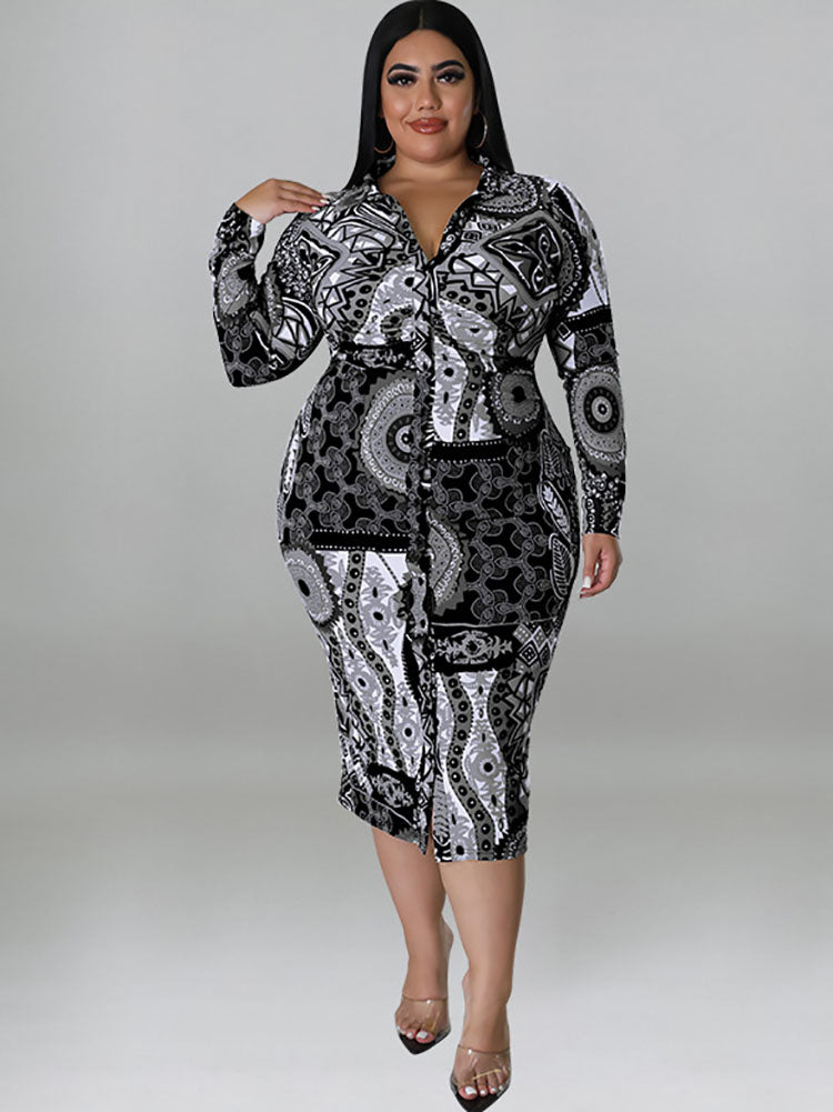 Plus Size Long Sleeve Lapel V Neck Midi Dresses