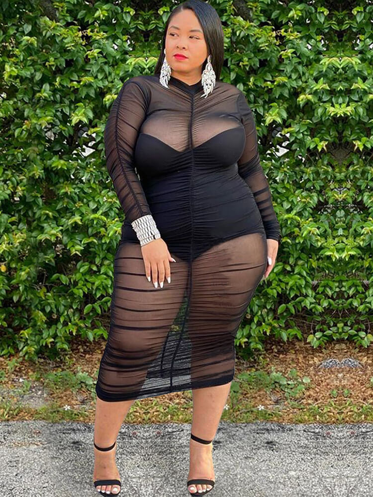 Plus Size Mesh Patchwork Long Sleeve Midi Dresses