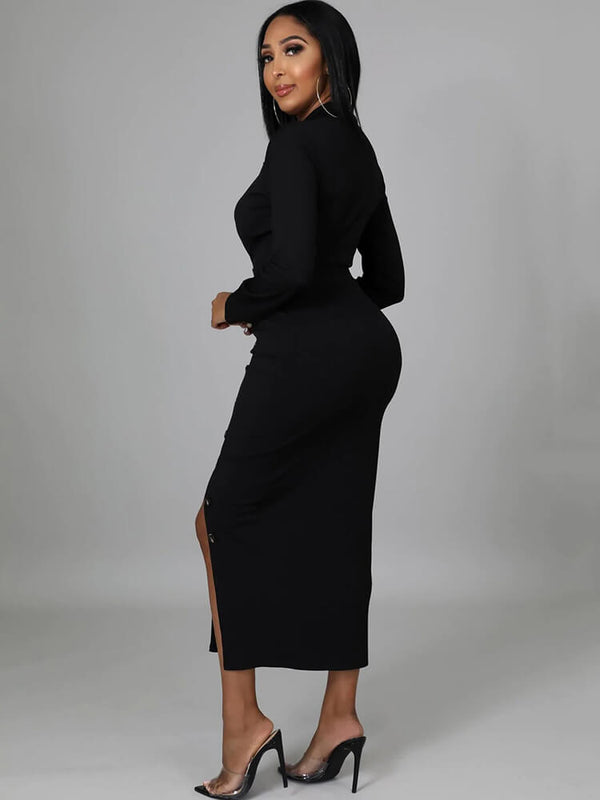 Long Sleeve V Neck Split Midi Dresses