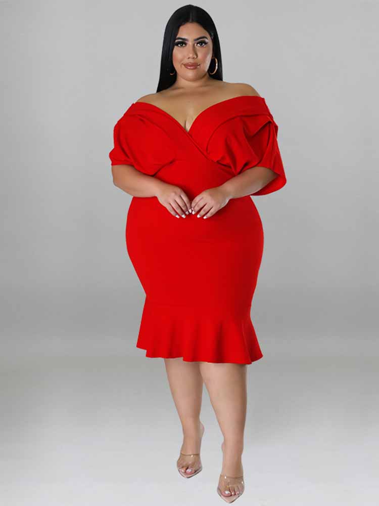 V Neck Ruffle Hem Plus Size Midi Dresses