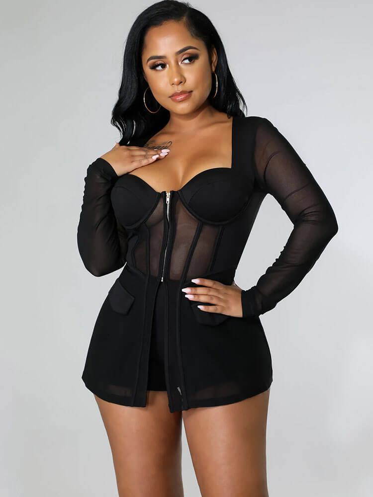 Mesh Patchwork Corset Tops Two Piece Shorts Set