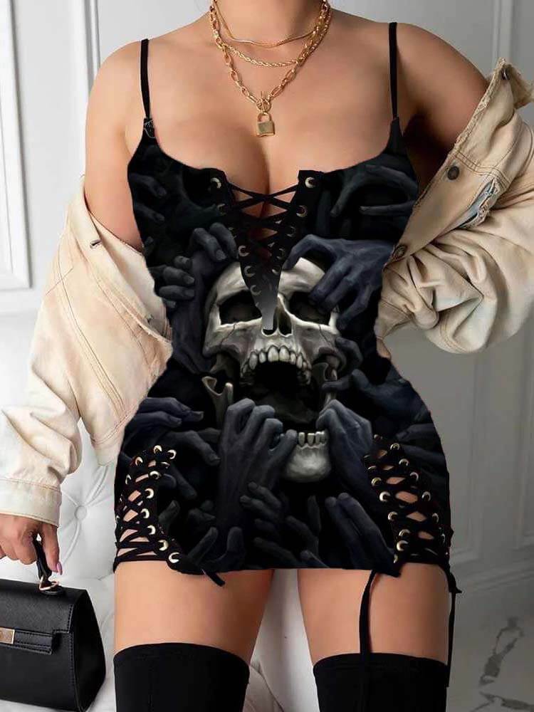 Halloween Spaghetti Strap Skull Print Mini Dresses