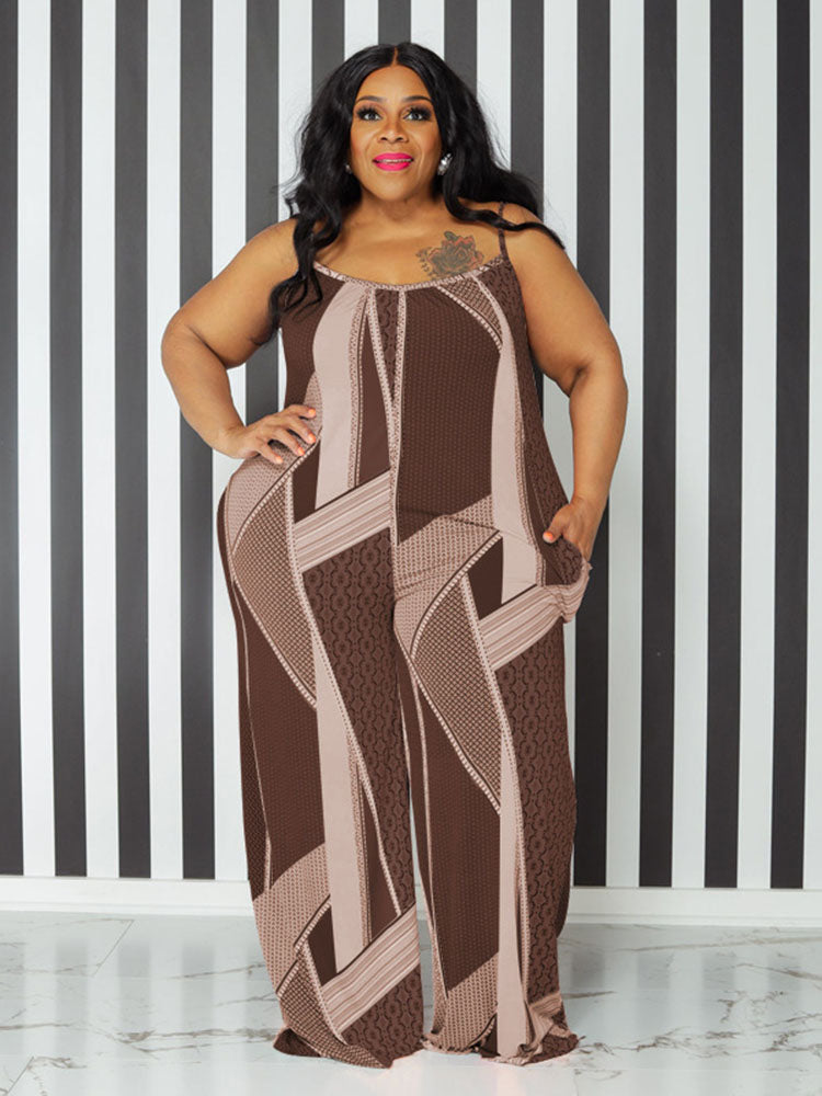 Spaghetti Strap Figure Print Plus Size Rompers