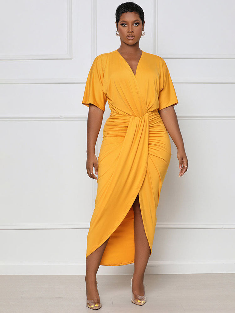 V Neck Ruched Split Midi Dresses