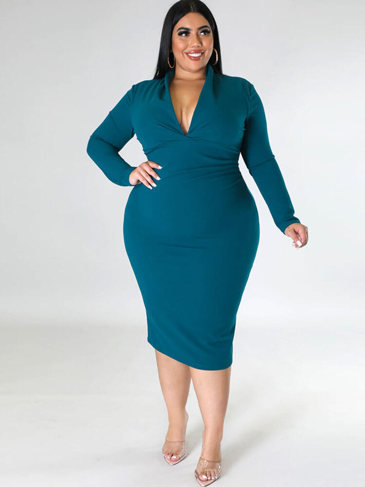 Plus Size V Neck Long Sleeve Ruched Midi Dresses