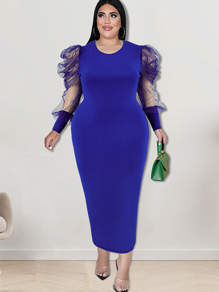 Plus Size Mesh Puff Sleeve Bodycon Maxi Dresses