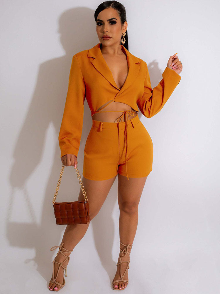 Two Piece Crop Blazer & Shorts Set