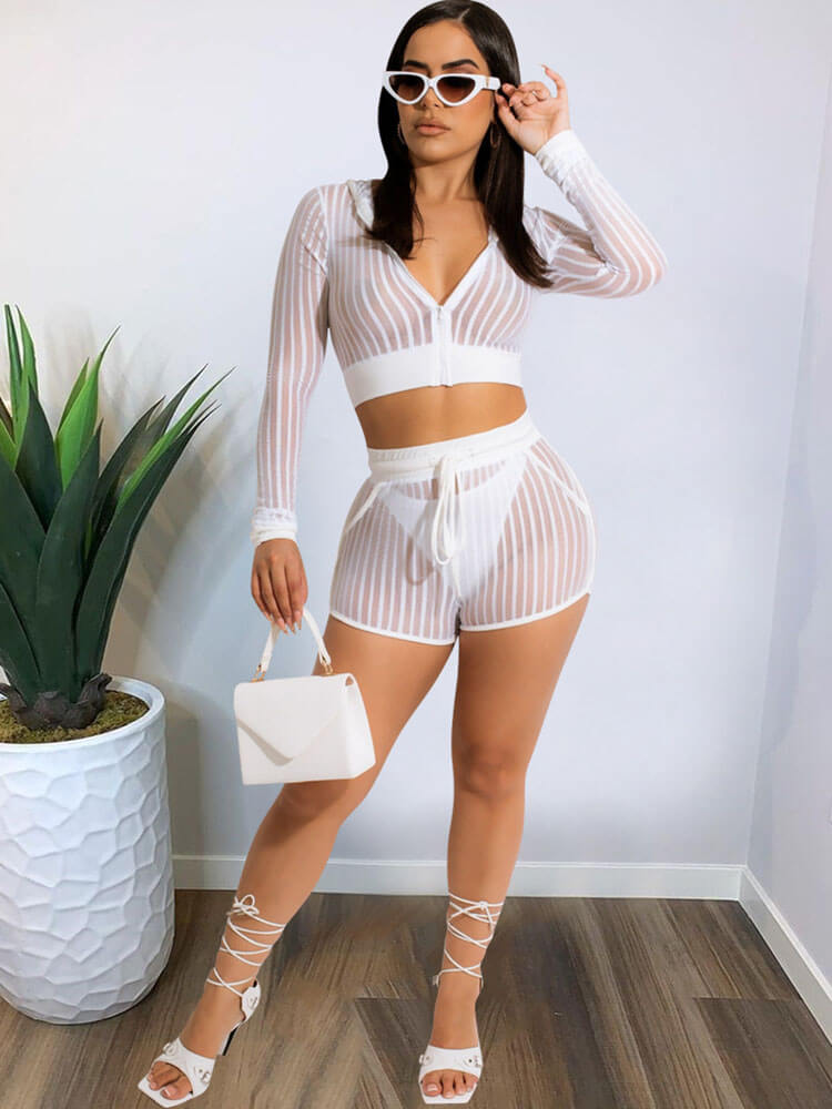 Two Piece Mesh Crop Top Shorts Outfits