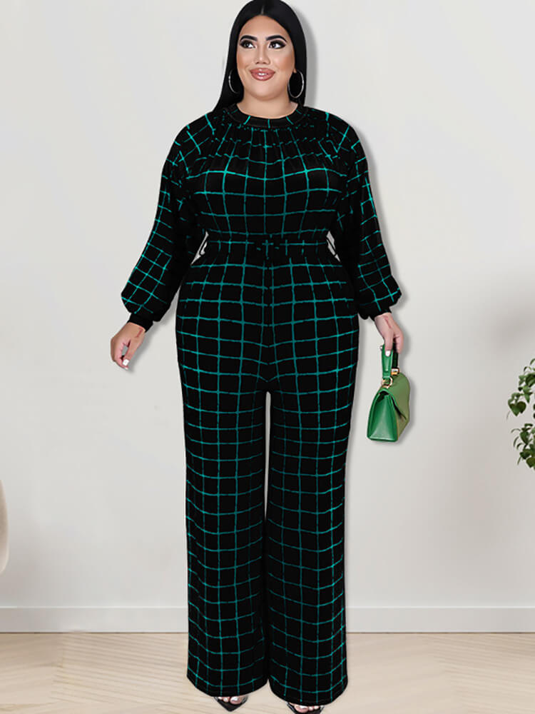 Long Sleeve Plaid Print Wide Leg Jumpsuit