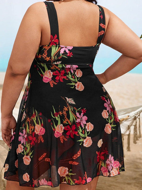 Plus Size Floral Print Mesh Bikini Bodysuit