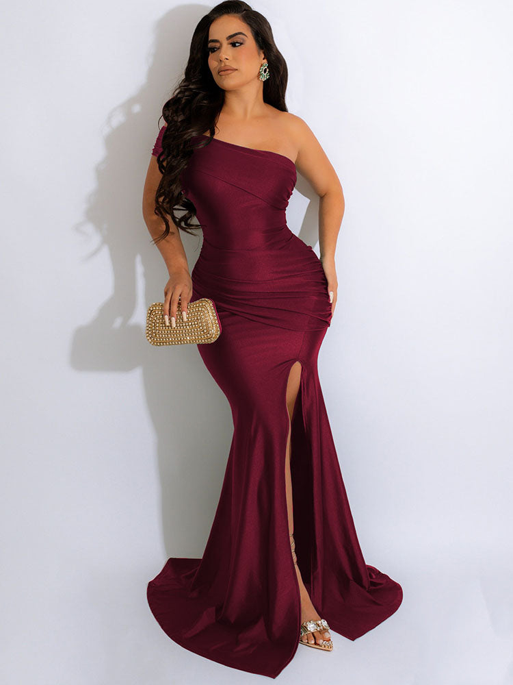 One Shoulder Ruched Split Maxi Dresses