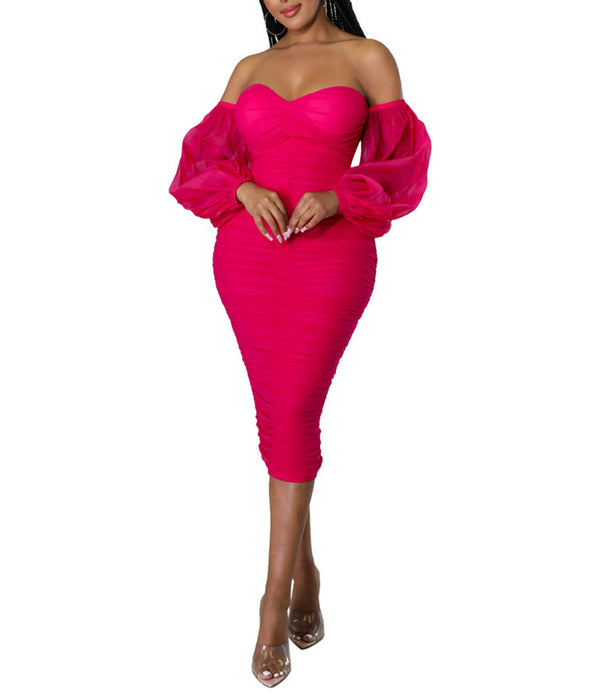 Off Shoulder Mesh Long Sleeve Ruched Midi Dress