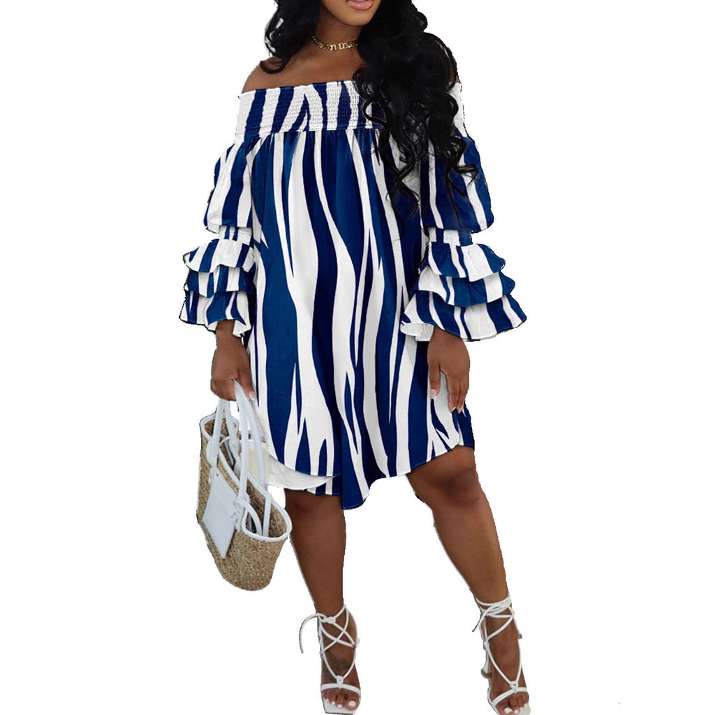 Off Shoulder Ruffle Sleeve Striped Dresses