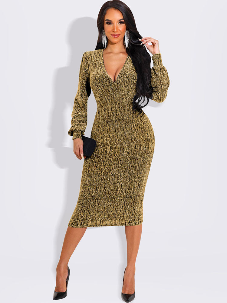 Lantern Sleeve V Neck Midi Dresses