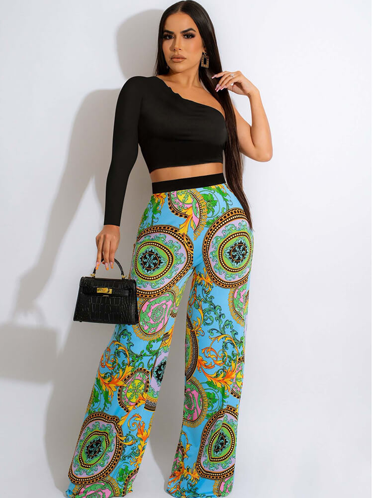 Two Piece One Shoulder Tops & Printed Pants