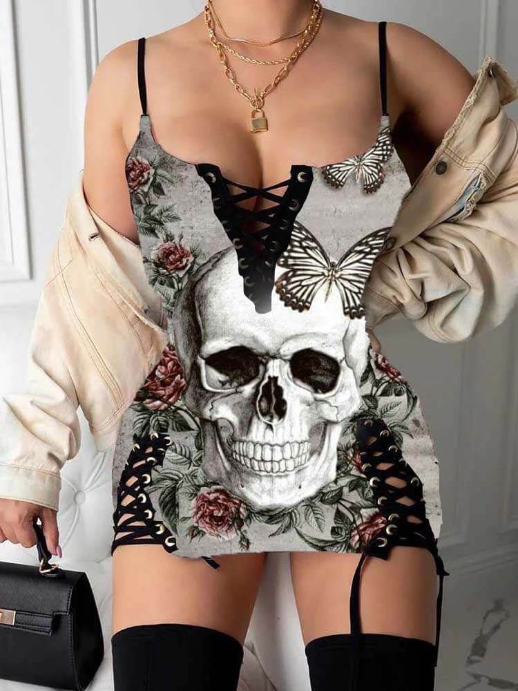 Halloween Spaghetti Strap Skull Print Mini Dresses