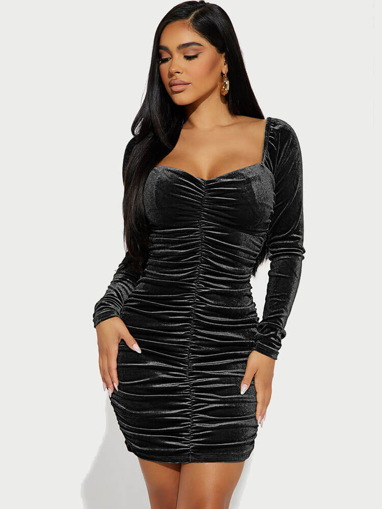 Velvet Long Sleeve Ruched Bodycon Mini Dresses