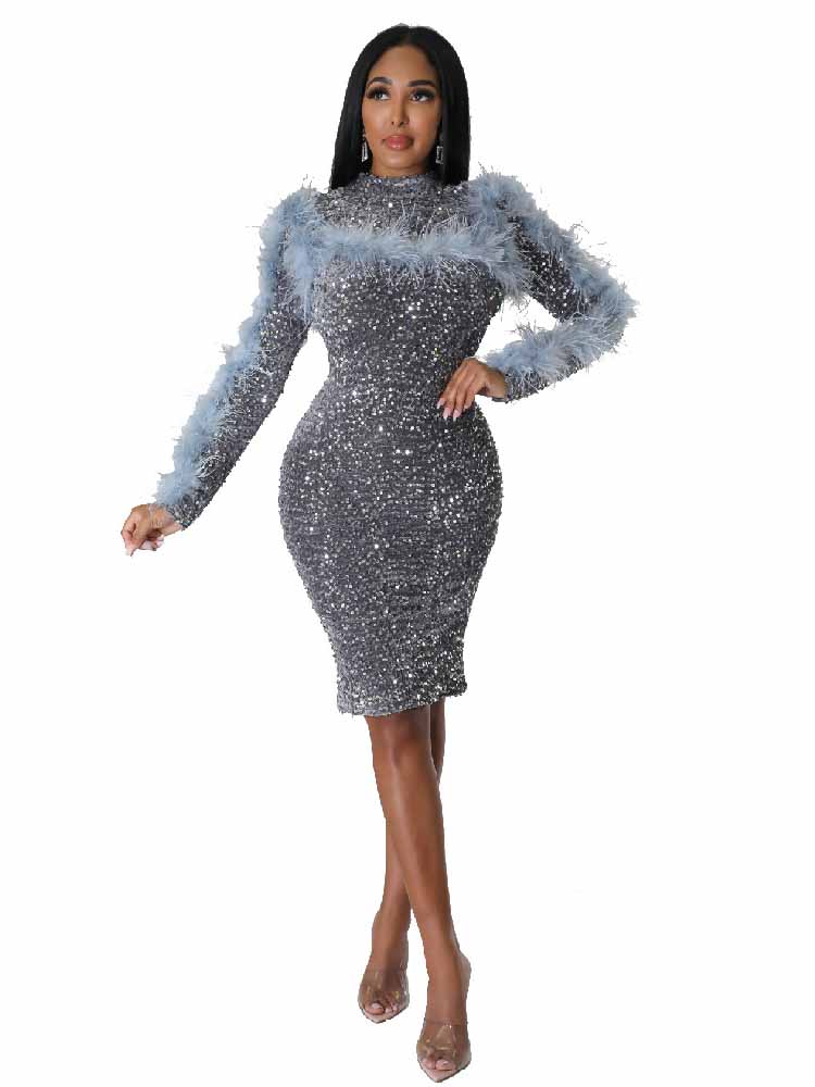 Mock Neck Feather Sequin Midi Dresses