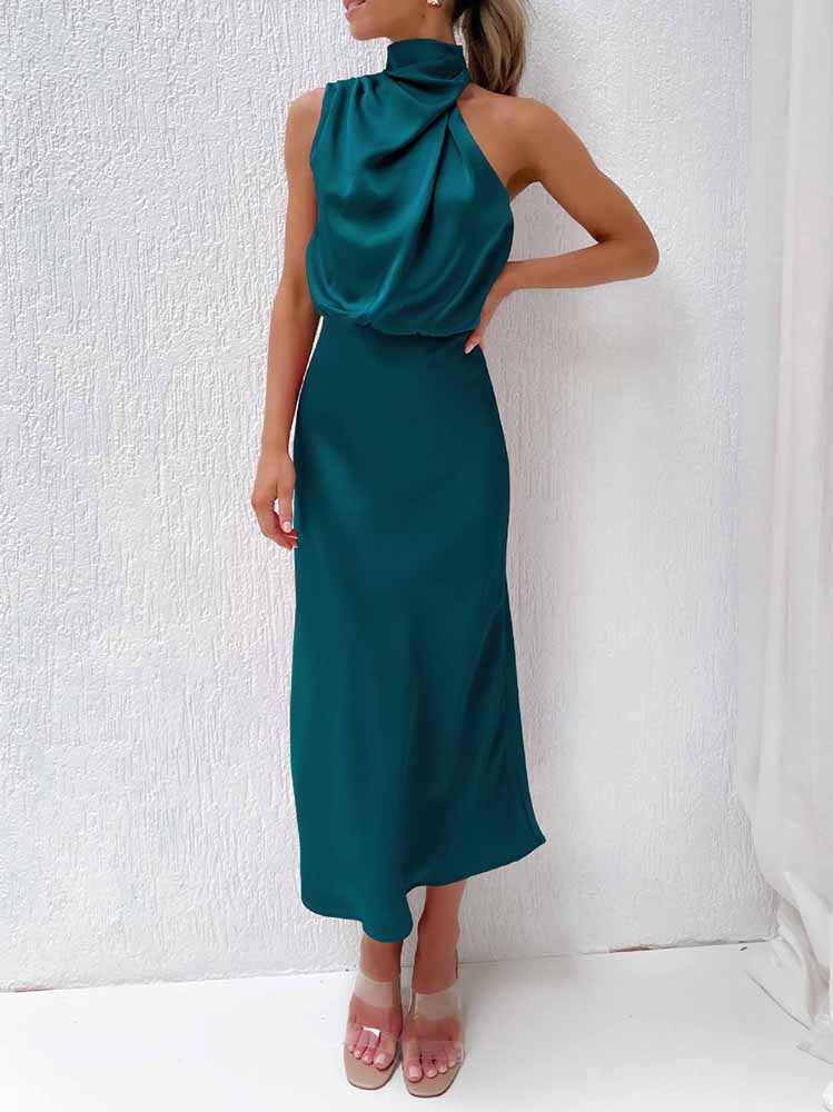 Satin Mock Neck Waist Maxi Dresses