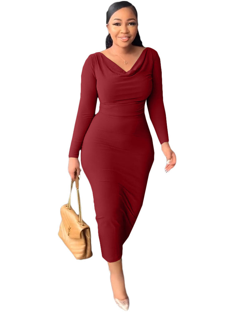 Long Sleeves Cowl Neck Midi Dresses