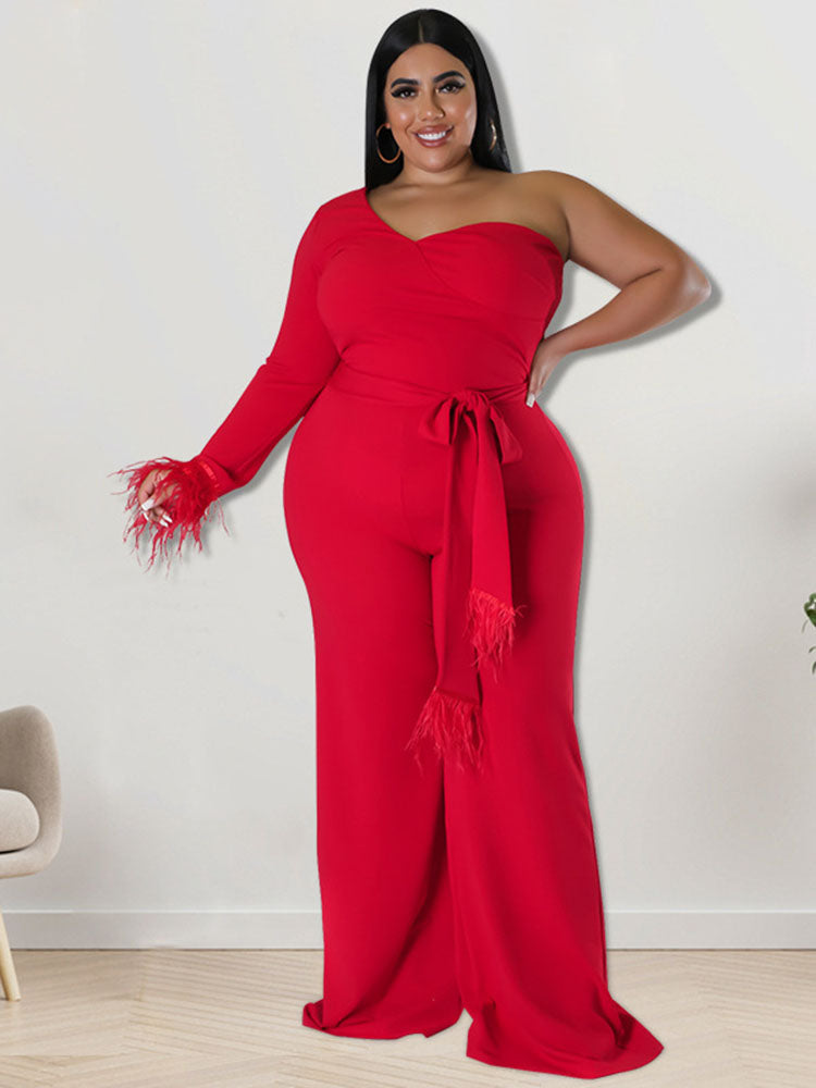 Plus Size One Shoulder Belted Wide Leg Jumpsuits