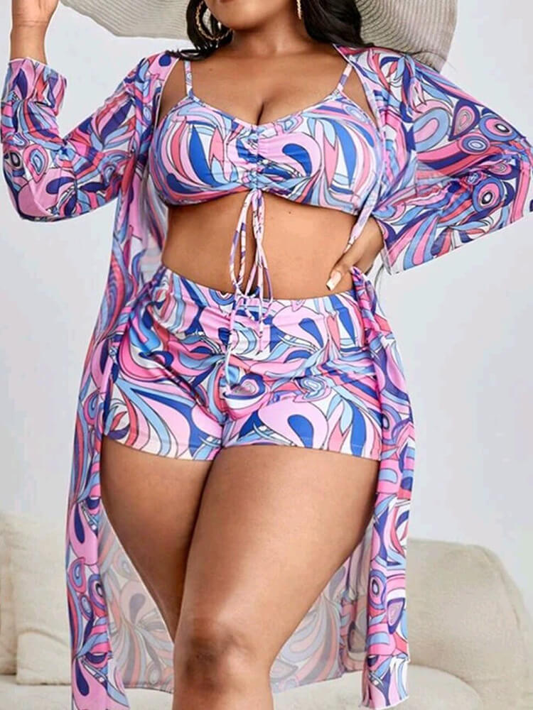 Plus Size Three Piece Floral Print Short Sets