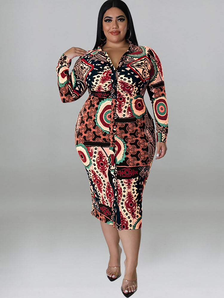 Plus Size Long Sleeve Lapel V Neck Midi Dresses