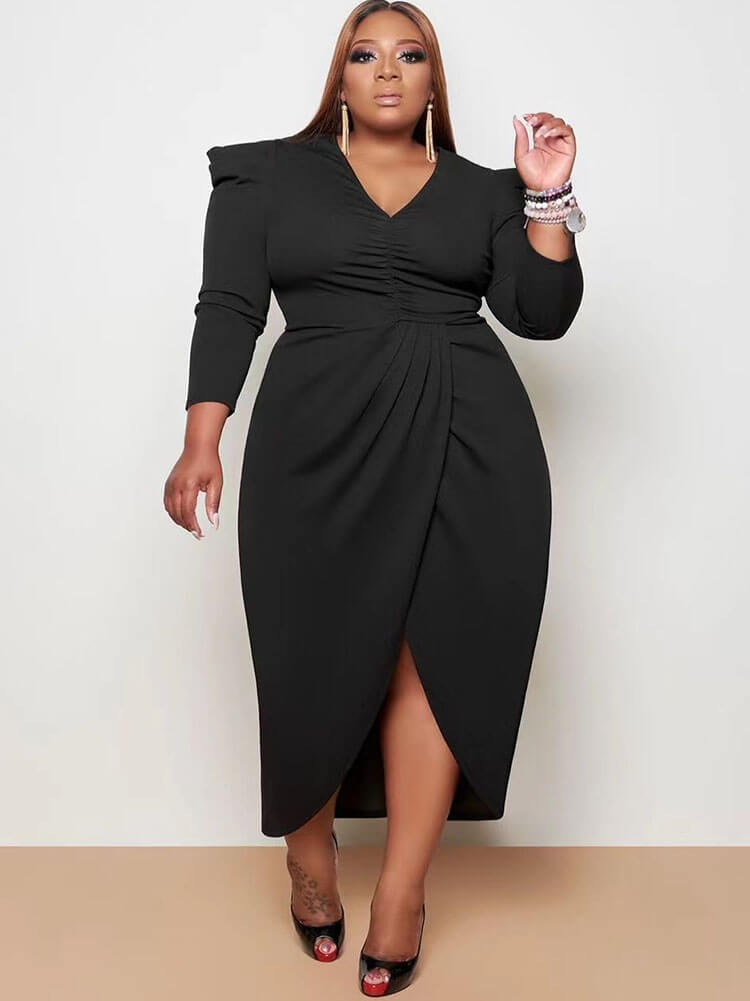 Plus Size Long Sleeve Asymmetrical Midi Dresses