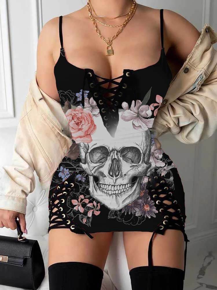 Halloween Spaghetti Strap Skull Print Mini Dresses