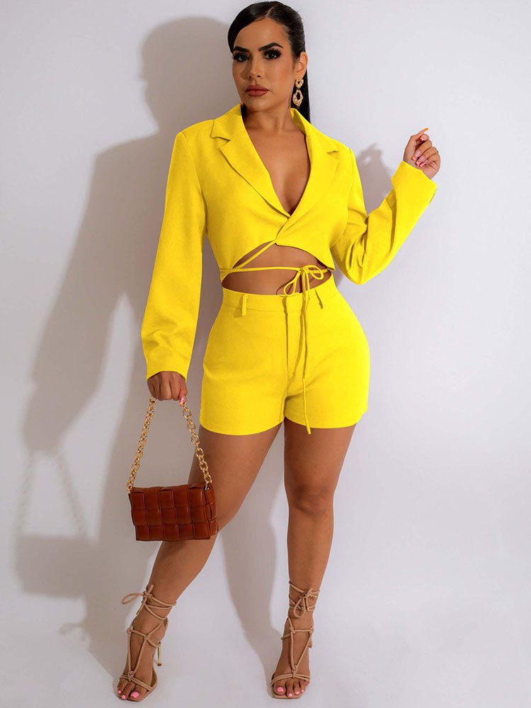 Two Piece Crop Blazer & Shorts Set