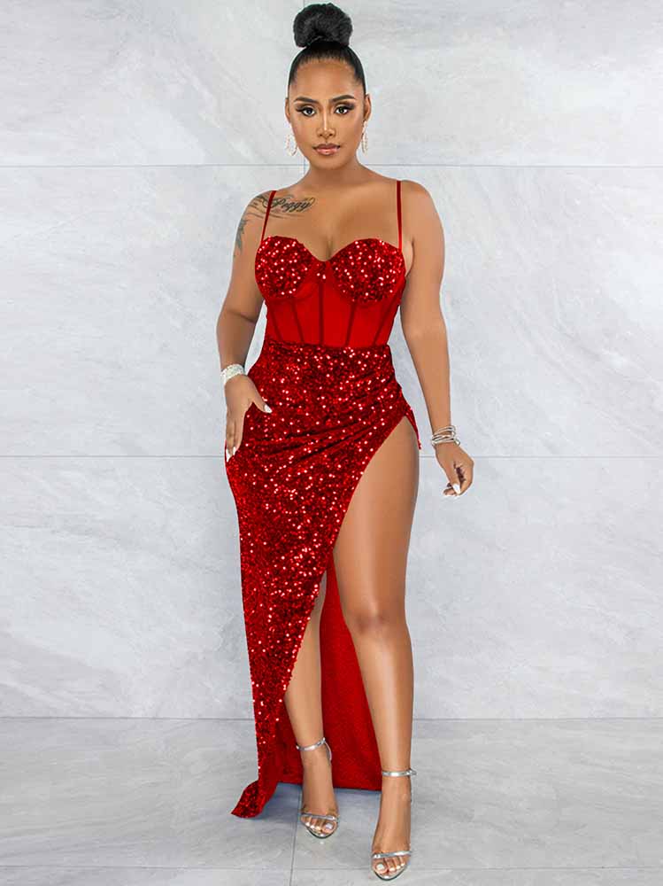 Spaghetti Strap Sequin Split Maxi Dressses