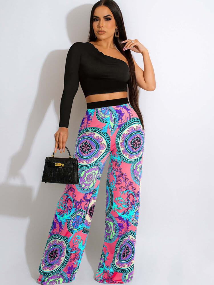 Two Piece One Shoulder Tops & Printed Pants