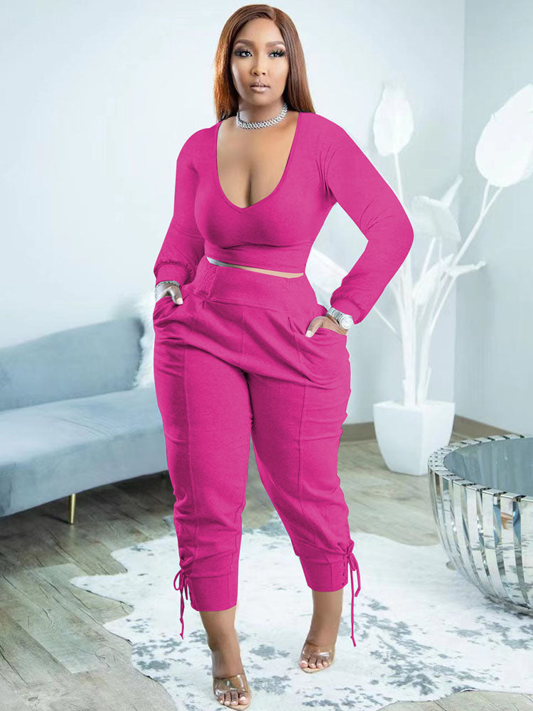 Plus Size Two Piece Long Sleeves Top Long Pants Outfits