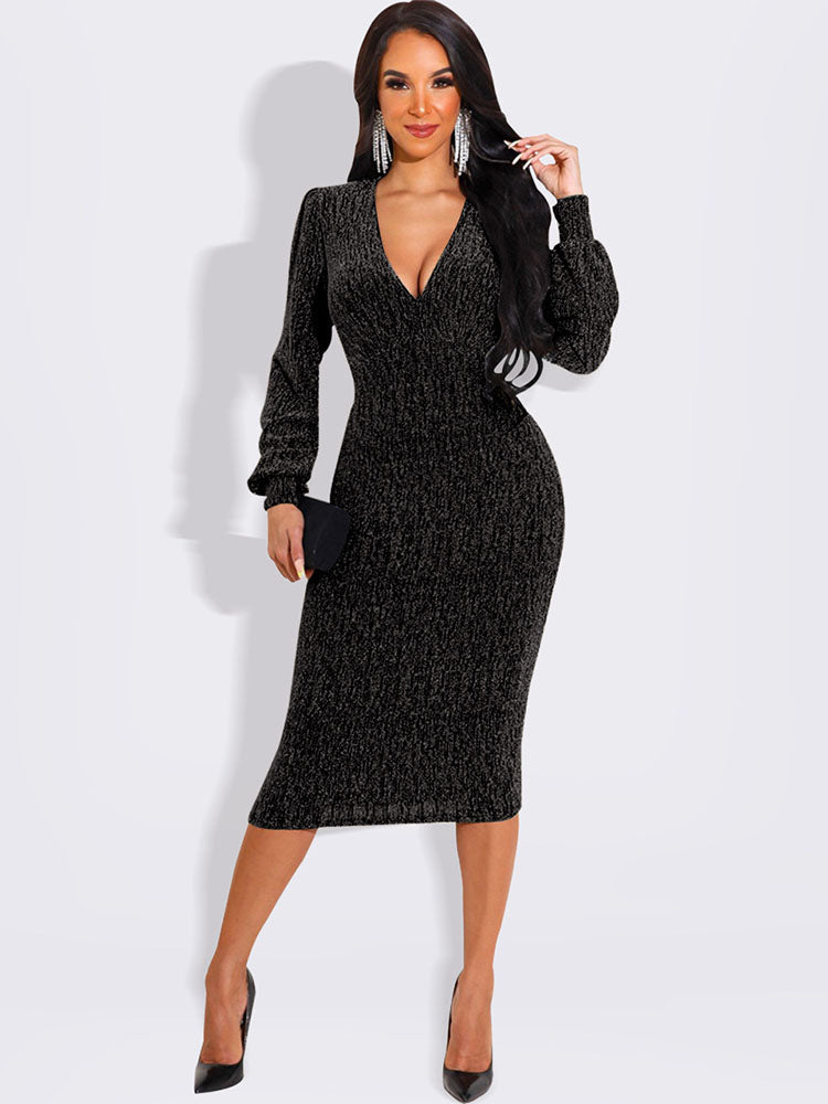 Lantern Sleeve V Neck Midi Dresses