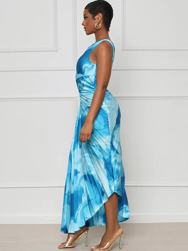 One Shouler Tie Dye Ruched Midi Dresses